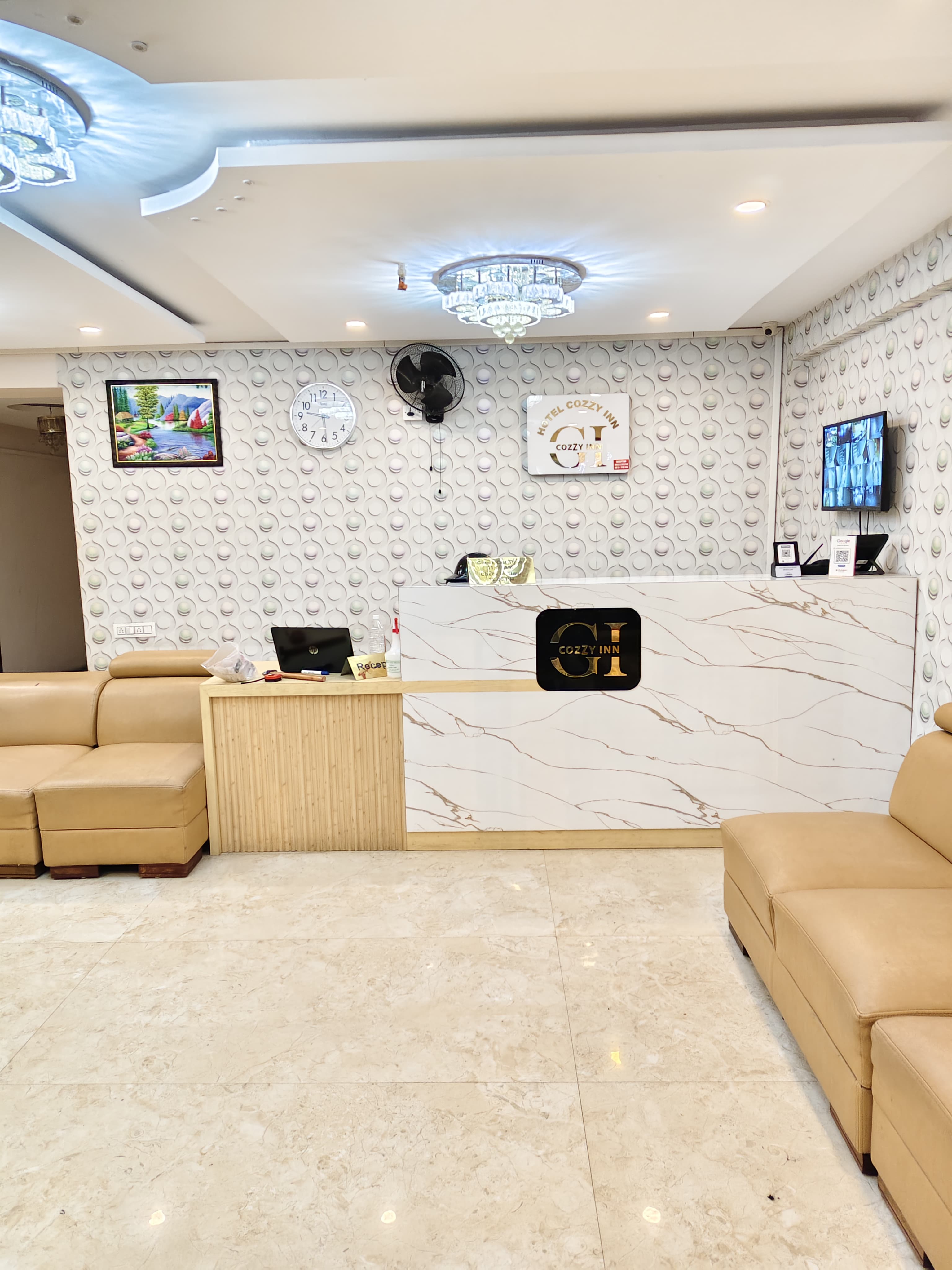 Hotel front desk greeting guests